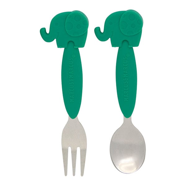 Marcus & Marcus Kids Easy Grip Stainless Steel Spoon & Fork Set Ollie Green Elephant MNMKD03-EP