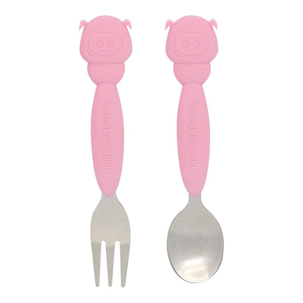 Marcus & Marcus Kids Easy Grip Stainless Steel Spoon & Fork Set Pokey Pink Pig MNMKD03-PG