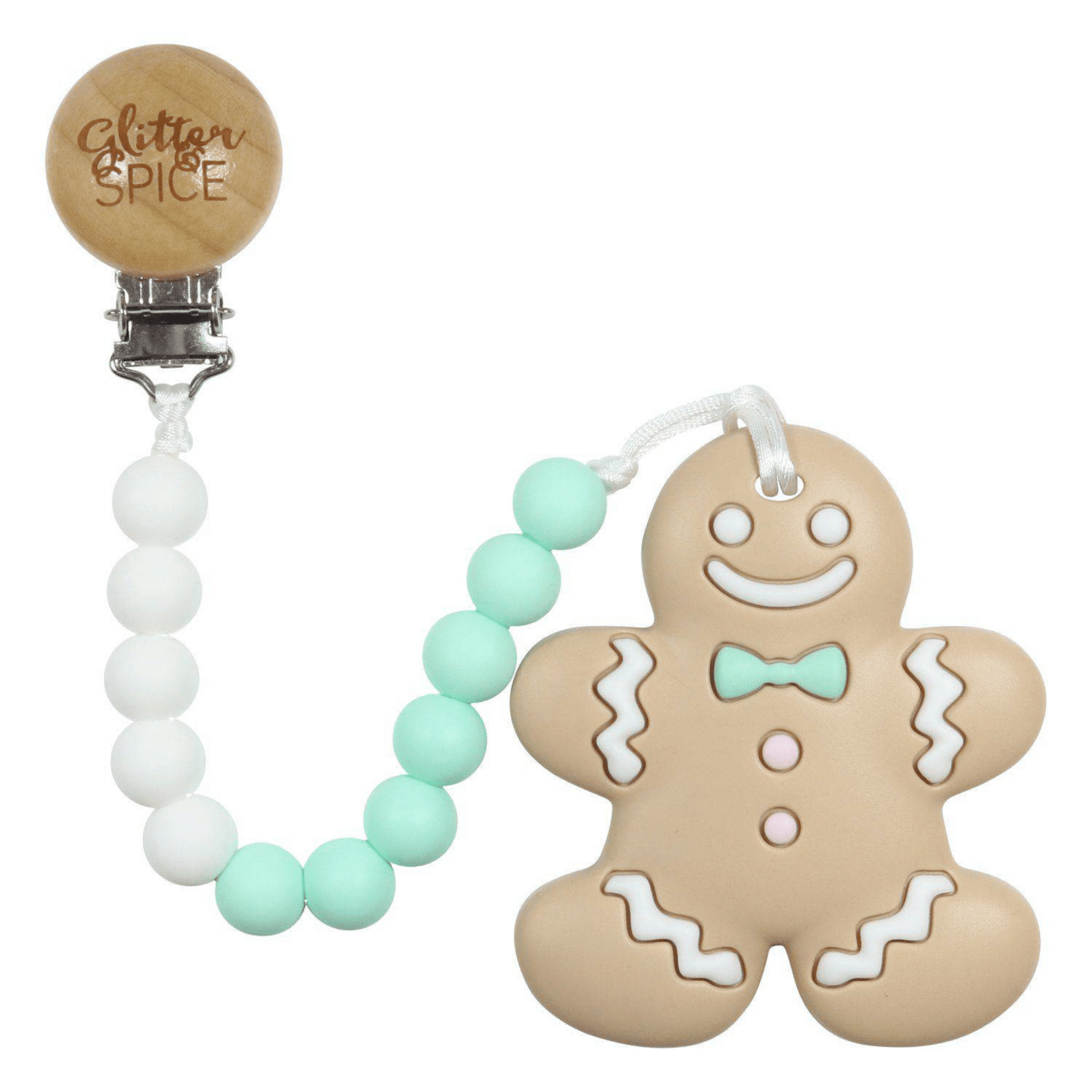 Glitter & Spice Gingerbread Silicone Teether with Pacifier Clip Mint 