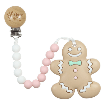 Glitter & Spice Gingerbread Silicone Teether with Pacifier Clip Pink 