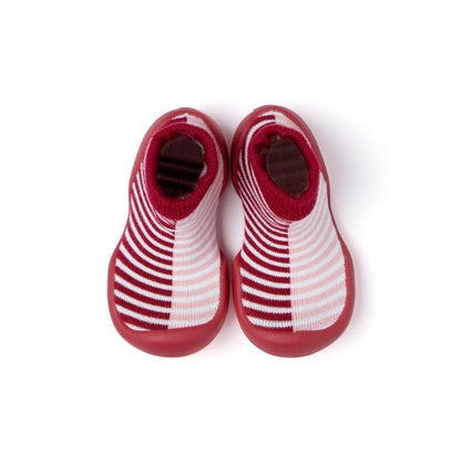 Komuello Half Stripe Burgundy Baby Rubber Sole Sock Shoes Komuello Half Stripe Burgundy Baby Rubber Sole Sock Shoes 